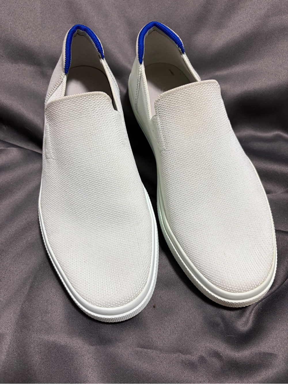 Rothy's White Slip-On Sneakers with Blue Heel Pull